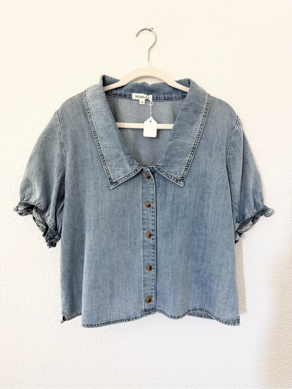 WISHLIST Denim Blouse Short Sleeve Puff Sleeve Collared Button Down Top M